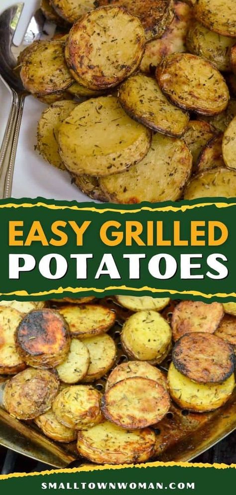 A must-try summer grilling recipe! You're going to love these easy grilled potatoes in foil. Crispy and deliciously seasoned, these grilled potato slices are the perfect side dish for BBQs! Save this pin! Dinner Recipes Potatoes, Grilled Potato Slices, Grilled Potatoes In Foil, Potatoes With Herbs, Foil Potatoes On Grill, Bbq Potatoes, Oven Baked Ribs, Best Side Dish, Potato Slices