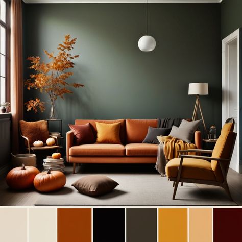 As the leaves change colour and the air turns crisp, it's the perfect time to refresh your home with an autumn interior colour palette. Whether you prefer rich, earthy shades or luxurious greens, incorporating autumn colours into your decor can create a cozy and stylish space. Design your house with AiHouse. Get unlimited 4k renders. #aihouse #autumninterior #homedecor #color Autumn Colour Scheme Living Rooms, Ochre Living Room Colour Palettes, Earthy Colours Living Room, Green Colour Palette Living Room, Earthy Interior Design Colour Palettes, Mustard And Green Living Room, Lounge Colour Scheme, Earthy Tones Living Room, Interior Colour Palette