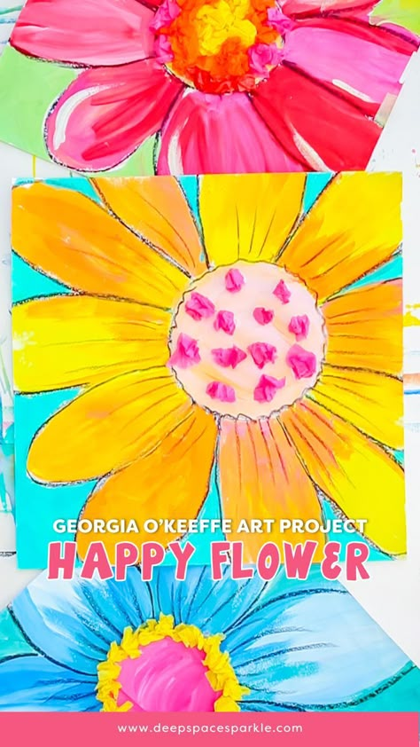 Happy Flower | Free Georgia O'Keefe Art Project Basic Flower Drawing, Kindergarten Spring Art, Basic Flower, Spring Flower Art, Kindergarten Art Lessons, Spring Art Projects, Diy Paper Flowers, April Art, Kindergarten Art Projects