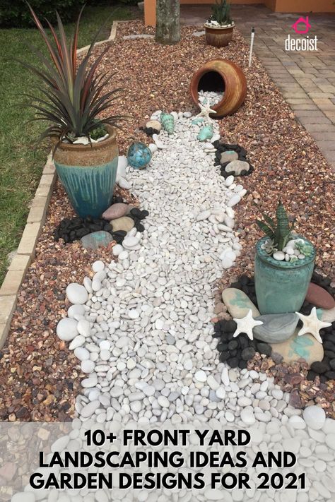 Rocks and pebbles are among the popular and trendy front yard landscaping ideas. Garden With Rocks, Low Maintenance Landscaping Front Yard, Landscaping Simple, Rock Garden Design, Easy Landscaping, House Landscaping, Low Maintenance Landscaping, Front House, Rock Garden Landscaping