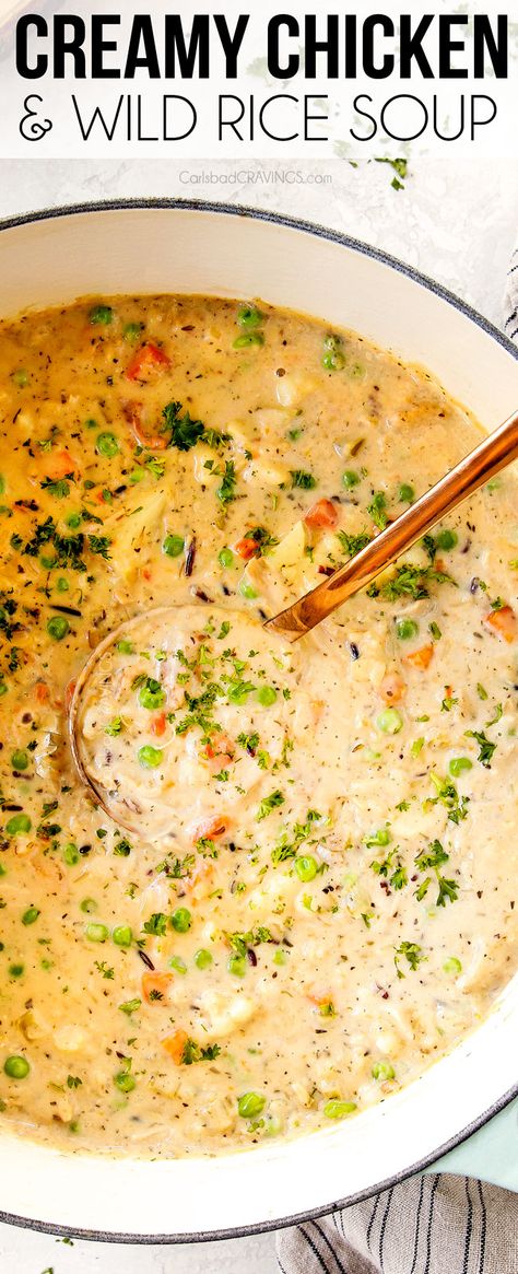 Dutch Oven Soup, Creamy Chicken And Wild Rice, Chicken And Wild Rice Soup, Chicken Wild Rice Soup, Creamy Chicken And Rice, Rice Soup Recipes, Chicken Rice Soup, Carlsbad Cravings, Rice Chicken