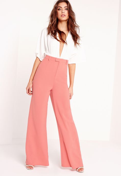 Tall Premium Crepe Wide Leg Trousers Pink, Beige Pink Pants Outfit Work, Salmon Pants, Pink Pants Outfit, Tara Dress, Womens Palazzo Pants, Coral Skirt, High Waisted Wide Leg Pants, Pink Trousers, Clothing For Tall Women