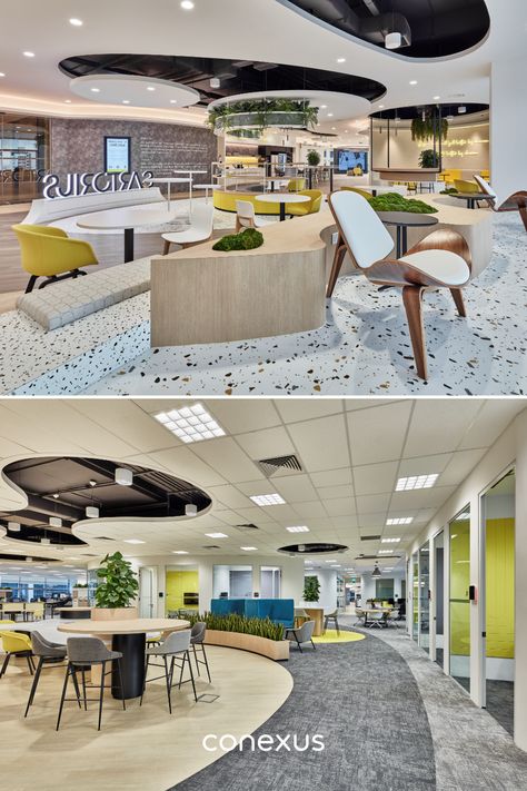 Top: Roomy breakout area and discussion zones at Sartorius Singapore's new office, with a open-plan design that makes full use of the breathtaking views. Bottom: Back of house design that maximises the building's layout to create a contemporary office for Singapore staff. Singapore Office Design, Google Offices Workspaces, Corporate Interiors Office, Breakout Area Office Interior Design, Staff Area Design Office, Google Office Design, Corporate Office Design Workspaces, Collaboration Workspace, Office Entrance Design