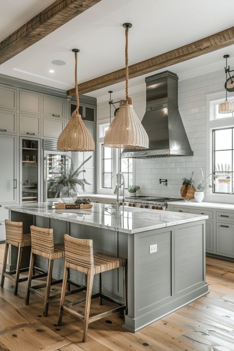 Your ultimate guide to achieving the coastal farmhouse look, from natural wood elements to nautical decor. Rustic Coastal Interior Design, Modern Farmhouse Coastal Kitchen, Coastal Wood Kitchen, Beach Kitchens Ideas, Coastal Farmhouse Kitchen Design, Coastal Kitchen Design Ideas, Lakehouse Kitchen Ideas, Coastal Farm House, Coastal Chic Kitchen