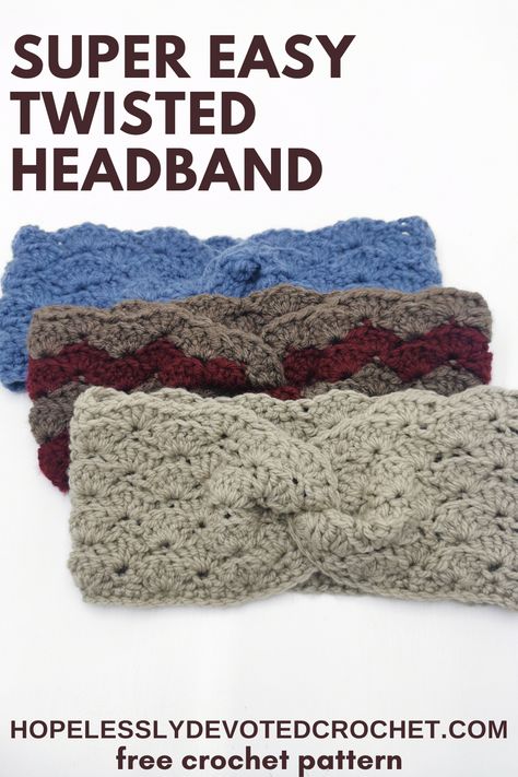 This unique crochet twisted headband pattern is easy and versatile you can make it any color your heart desires! It works up very fast using only the Shell Stitch crochet stitch with a little bit of a twist! You will love this cute free crochet pattern. The perfect gift! Twisted Headband Pattern, Crochet Amiguri, Crochet Earwarmers, Crochet Ear Warmer Free Pattern, Crocheted Headbands, Crochet Headband Tutorial, Crochet Ear Warmer Pattern, Crochet Headband Free, Easy Crochet Headbands