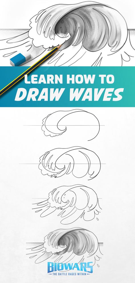 A collage of images depicting hte process of wave drawing. Ocean Waves Drawing Pencil, Wave Sketch Pencil, Drawing Waves Ocean, How To Draw The Ocean Step By Step, How To Draw Waves Step By Step, Water Wave Drawing, How To Draw Ocean Waves, How To Draw The Ocean, How To Draw Waves Easy