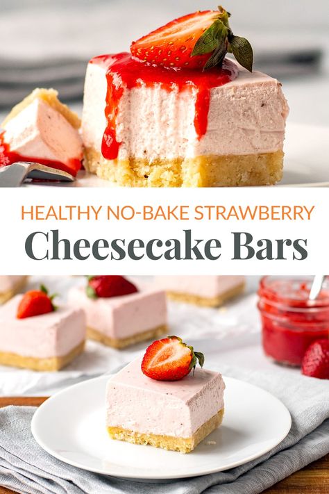 I love a good dessert that doesn't need an oven, especially in those summer months. These no-bake strawberry cheesecake bars are exactly that kind of sweet treat. Made with nutritious, gut-healing gelatin, cream cheese and aromatic fresh strawberry puree, this sliced cheesecake dessert is gluten-free, grain-free, low-carb and keto-friendly.  via @irena_macri Cheesecake Bars No Bake, Strawberry Cheesecake No Bake, Strawberry Cheesecake Bars, Strawberry Cheesecake Recipe, Healthy Cheesecake, Baking 101, Cheesecake Dessert, Healthy Strawberry, Baked Strawberries