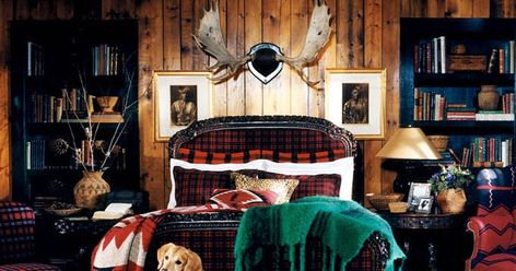 Ralph Lauren's Indian Cove collection mixes whimsical collectibles with lush fabrics and graphic red and black plaids and Native American fabrics. Rustic Cabin Interior, Ralph Lauren Interiors, Lodge Bedroom, Maximalist Interior Design, Paneled Walls, Rustic Home Interiors, Rustic Porch, Interior Minimalista, Pallet Furniture Bedroom