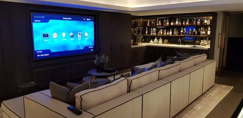 Tv Room Bar Ideas, Basement Bar And Movie Room, Theatre Room With Bar, Media Room With Bar Ideas, Cinema Bar Room, Movie Room With Bar, Bar And Cinema Room, Cinema Room Bar, Garden Cinema Room