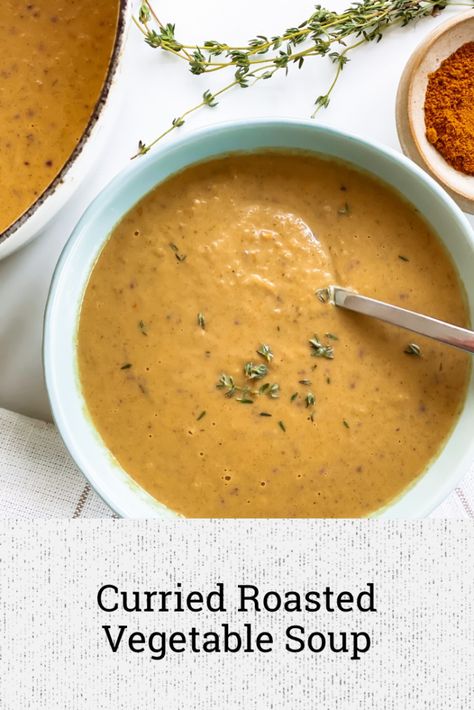 Curried Roasted Vegetable Soup – Big Box Vegan Vegetable Curry Soup Recipes, Vegetarian Curry Soup, Curry Vegetable Soup, Vegan Curry Soup, Curry Soup Vegan, Roasted Veg Soup, Vegetable Curry Soup, Coconut Curry Soup Vegan, Vegan Root Vegetable Soup