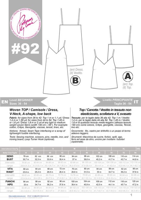 PDF Sewing Pattern N.92 Camisole Top and Mini Slip Dress | Etsy Italy Camisole Top Pattern, Slip Dress Pattern, Camisole Pattern, Summer Knit Tops, Tank Top Pattern, Womens Knit Tops, Tank Top Straps, Top Sewing Pattern, Mini Slip