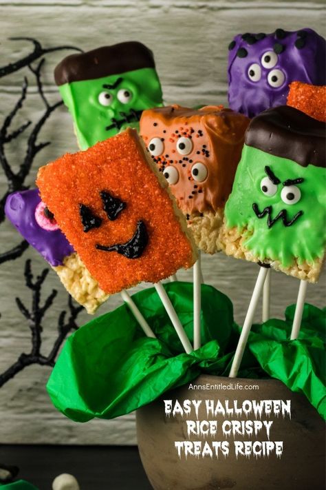 A bouquet of Halloween rice crispy treats. Rice Crispy Halloween Ideas, Frankinstine Rice Crispy Treats, Rice Crispy Monsters, Halloween Chocolate Covered Rice Crispy, Rice Krispie Treats Halloween Ideas, Rice Crispy Halloween Treats, Rice Krispie Halloween Treats, Halloween Rice Crispy Treats Ideas, Spooky Rice Krispie Treats