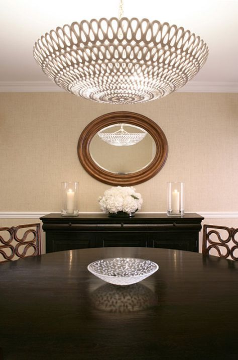 Mabley Handler - Chic, elegant dining room with Oly Studio Pipa Bowl Chandelier, sand ... Prewar Apartment, Kitchen Nook Ideas, Bowl Chandelier, Townhouse Decorating, Lights For Dining Room, Orange Room, Family Room Lighting, Gull Lake, Master Mind