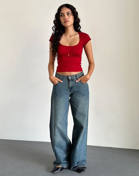 Square Tops Outfit, Red Top Black Jeans Outfit, Styling Red Top, Red Shirt With Jeans Outfit, Styling Red Shirt, Red Top Skirt Outfit, Red And Jeans Outfits, Square Neckline Top Outfit, How To Style A Red Top