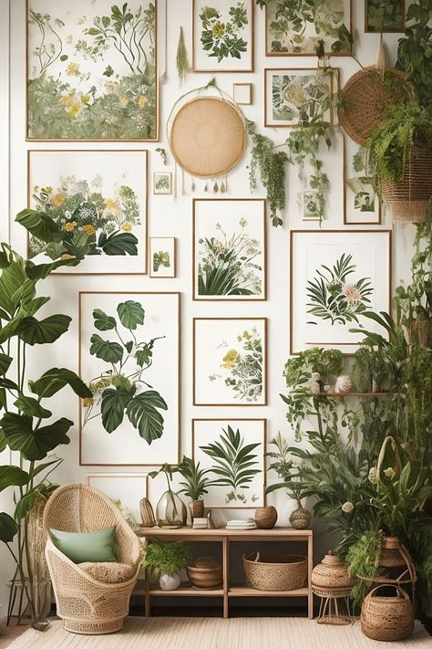 Boho Gallery Wall with Nature-Inspired Art Bathroom Tile Design Ideas, Tile Design Ideas, Botanical Interior, Indoor Plant Wall, Boho Gallery Wall, Colourful Living Room Decor, Earthy Home, Deco Nature, Wall Art Ideas