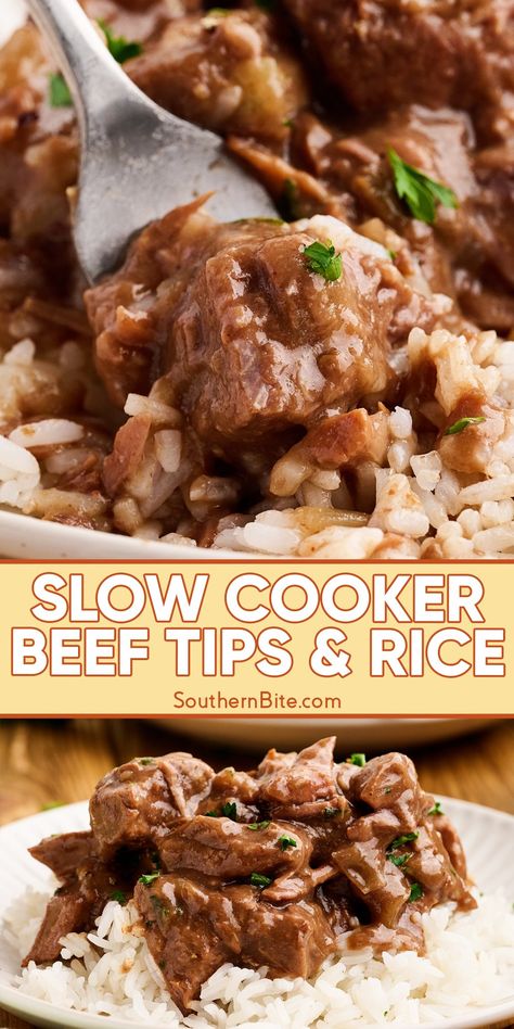 Slow Cooker Beef Tips and Rice is the perfect recipe for busy weeknights! Dump all the ingredients in the slow cooker in the morning and come home to a ready-to-eat, delicious dinner. Beef Tips Rice And Gravy Crock Pot, Beef Tips In Crockpot Recipes, Crock Pot Beef Tip Recipes, Beef Tips Over Rice Crock Pots, Steak And Rice Crockpot Recipes, Crock Pot Beef Tips And Rice, Stew Beef And Rice Slow Cooker, Healthy Beef Tips Recipe Slow Cooker, Frozen Beef Tips In Crockpot