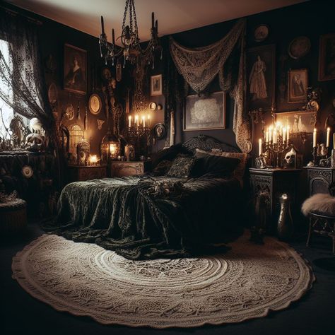 Gothic Apartment Bedroom, Vampire Gothic Bedroom, Black Lime Wash Bedroom, Black Home Interior Design Living Room, Moody Art Wall, Taxidermy Decor Bedroom, Gothic Guest Bedroom, Vampy Home Decor, Romantic Goth Aesthetic Room