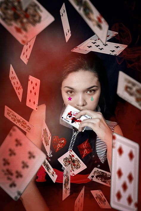 Playing Card Photography, Cards Photoshoot, Photo Edit Tutorial, Sigma Cosplay, Circus Photoshoot, Card Poses, Throwing Cards, Card Photoshoot, Casino Cards