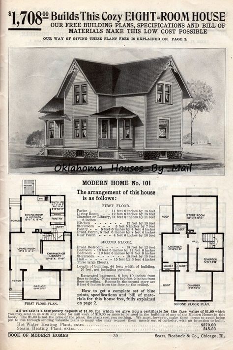 Modern Home No 101 was one of the first plans offered by Sears when Sears Roebuck began offering homes plans in spring 1908. This model was slightly altered in 1910 when they clipped the gables. The last catalog that offered model 101 was the 1914 Modern Homes catalog. Floorplan Inspiration, Sears House Plans, Sears House, Sears Catalog Homes, 1910 House, Manor House Plans, Sears Kit Homes, Vintage Floor Plans, Free Building Plans