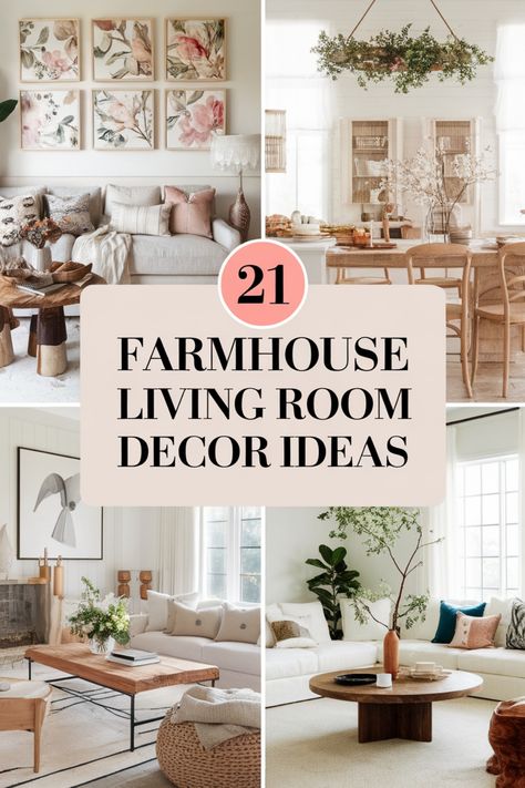 Collage of four farmhouse living room decor ideas with rustic and cozy elements. Modern Farmhouse Over The Couch Decor, Farmhouse Over The Couch Decor, Behind Couch Wall Decor Farmhouse, Behind Couch Wall Decor, Farmhouse Wall Art Living Room, Beige And White Living Room, Victorian Living Room Decor, Farmhouse Living Room Wall, Farmhouse Living Room Wall Decor