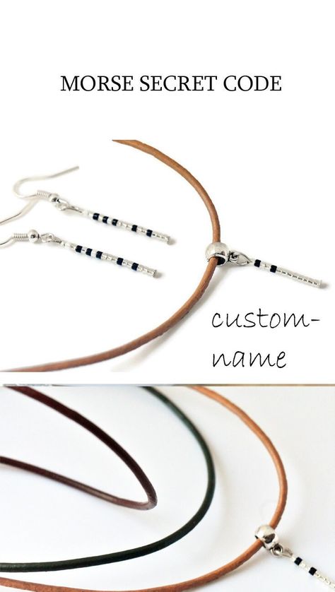 Custom name morse code, Earring morse code, Morse code jewelry set, Set jewelry Morse, Leather choker, choker earrings gift, Gift set morse Morse Code Ideas, Bracelet Morse, Morse Code Jewelry, Code Morse, Elegant Choker, Dreadlock Accessories, Morse Code Bracelet, Cord Jewelry, Lucky Bracelet