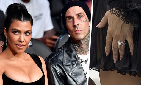 Kourtney Kardashian was given a very pricey ring when Travis Barker proposed back in... Kourtney Kardashian Wedding Ring, Kourtney Kardashian Wedding, Bridesmaid Updos, Kourtney Kardashian And Travis, Kardashian Wedding, Marriage Rings, Celebrity Brides, Celebrity Bride, Original Engagement Rings