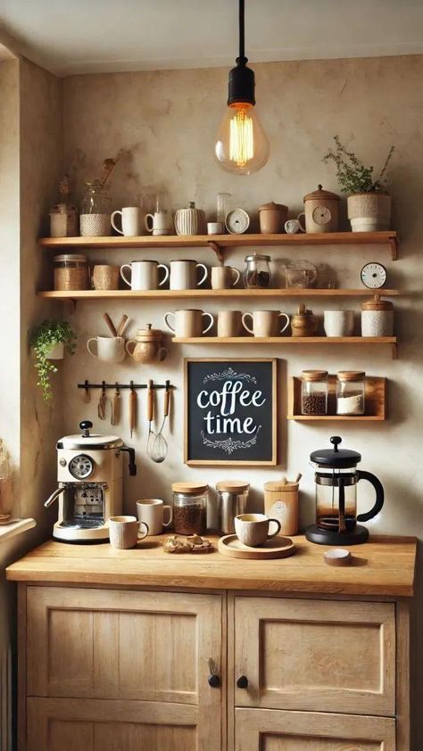 Corner Shelves For Coffee Bar, Coffee Shop Shelf Decor, Boho Coffee Corner, Cottagecore Coffee Bar, Vintage Coffee Bar Ideas, Coffee Bar Apartment, In Home Coffee Bar, Coffee Nook In Kitchen, Tea Corner Ideas