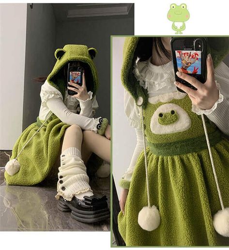 Frog Embroidery, Cute Green Frog, Frog Dress, Kawaii Skirt, Japanese Harajuku, Seasons Change, Green Frog, Winter Skirt, Cute Frogs