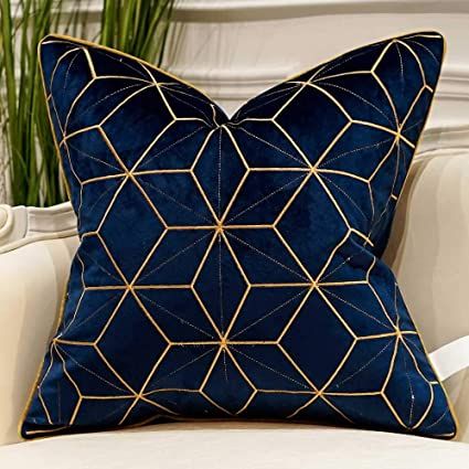 Amazon.com: Avigers 20 x 20 Inches Navy Blue Gold Plaid Cushion Case Luxury European Throw Pillow Cover Decorative Pillow for Couch Living Room Bedroom Car: Home & Kitchen Blue And Gold Living Room, Blue And Gold Bedroom, Applique Cushions, Blue Living Room Decor, Couch Living Room, Blue Cushion Covers, Gold Living Room, Bantal Sofa, Geometric Cushions