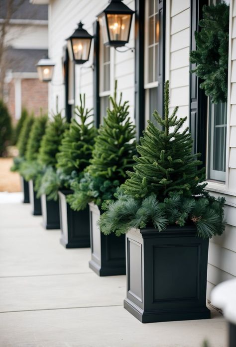 30 Winter Planters Front Porches: Cozy Ideas To Brighten Your Entryway Winter Outdoor Planter Ideas Porches, Front Door Faux Planter Ideas, Outdoor Planter Ideas For Winter, Porch Planters Christmas, Front Steps Christmas Decor, Christmas Outdoor Planter Ideas, Winter Pots Outdoor Planters, Christmas Porch Pots Planters, Winter Planters Front Porches