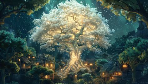 Big white magical tree in the town center of a green wood elf town in a lush forest, made out of Opal, fantasy art style --v 6 Big Tree Fantasy Art, Magic Tree Concept Art, Forest Town Fantasy Art, Forest Kingdom Fantasy Art, Fantasy Locations Art, Magical Forest Fantasy Art, Wood Elf City, Forest Town Aesthetic, Fantasy Forest Town