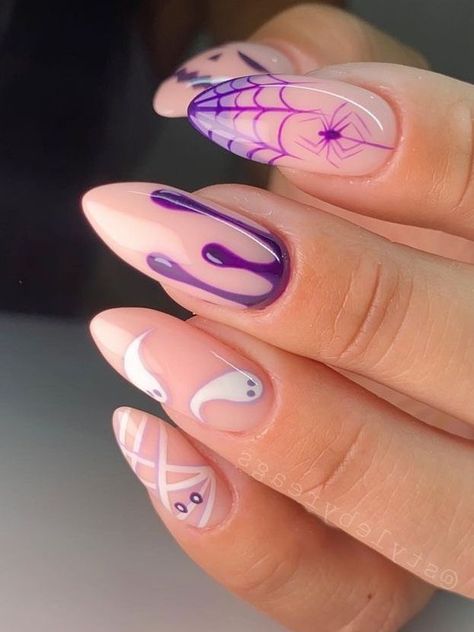 Halloween Nails Easy, Unghie Nail Art, Halloween Acrylic Nails, Cute Halloween Nails, Purple Nail, Her Nails, Almond Acrylic Nails, Thanksgiving Nails, Halloween Nail Designs