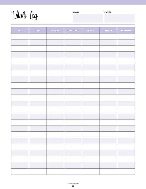 A Printable Vitals Log with sections to record date, time, systolic and diastolic blood pressure, pulse, oxygen levels, and temperature. Vital Signs Chart, Systolic And Diastolic, Essential Oil Chart, Medical Binder, Caregiver Resources, Life Binder, Pulse Oximeter, Record Keeping, Anatomy Study