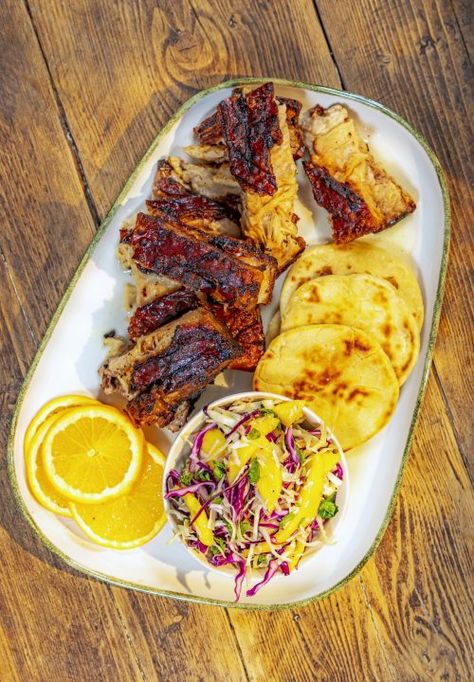 Jerk Pork Belly with Roti & Mango & Coconut Slaw - Ainsley Harriott Jerk Pork Belly, Coconut Slaw, Ainsley Harriot, Crunchy Stuffing, Baked Scalloped Potatoes, Rolled Roast, Beef Kebabs, Jerk Pork, Sweet Potato Curry