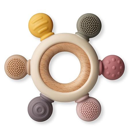 Amazon.com : Baby Teething Toys, Silicone Chewable Rings with Organic Wooden, Natural Toys for Newborn, 3+ Months (6 Directions, Khaki) : Baby Baby Supplies List, Silicone Baby Toys, Baby Learning Toys, Baby Teether Toys, Baby Gums, Teething Relief, Wood Burning Kits, Baby Teething Toys, Baby Teething