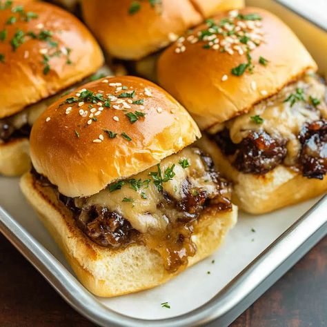 French Dip Sliders Recipe - sandyrecipes.com Best French Dip Sliders, French Dip Squares With Crescent Rolls, Side Dish For Sliders, French Dip Sliders Hawaiian Rolls, Football Food Dinner, French Dip Slider, Christmas Sliders, Roast Beef Dip, French Dip Recipe