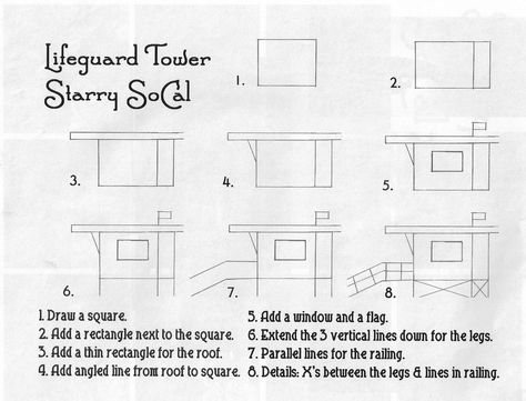 How to draw a lifeguard tower for Sunny SoCal AAYF Palos Verdes Class Draw Buildings, Lifeguard Tower, Camping Art, Art Class, Bulletin Boards, Art Lessons, To Draw, Craft Ideas, Tower