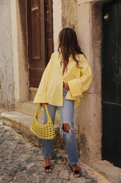 Portugal Street Style, Yellow Blouse Outfit, Lisbon Fashion, Yellow Button Up Shirt, Portuguese Style, Portugal Fashion, Sincerely Jules, Citizens Of Humanity Jeans, Yellow Blouse