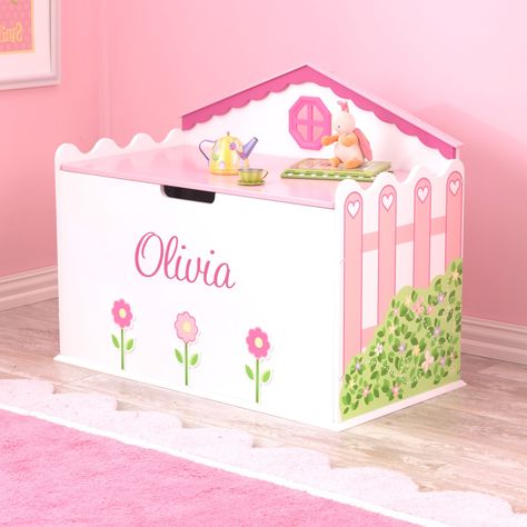 Personalized Hearts and Blooms Toy Box - Dibsies Personalization Station Girls Toy Chest, Kidkraft Dollhouse, Toy Storage Bench, Personalised Toy Box, Toy Chests, Girls Dollhouse, Wooden Toy Boxes, Box Bedroom, Popular Toys