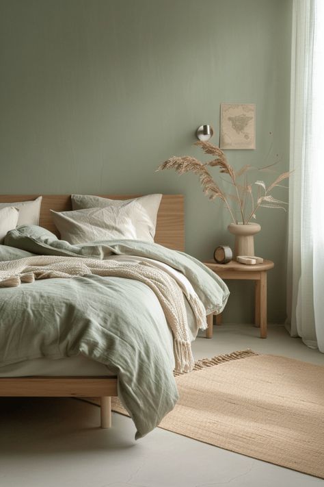 Pale Green Walls Bedroom, Cozy Minimalist Bedroom Green, Light Green Master Room, Natural Light Bedroom Aesthetic, Sand Walls Bedroom, Natural Green Bedroom Ideas, Calm Master Room, Bedroom Calming Decor, Bedroom Wall Green