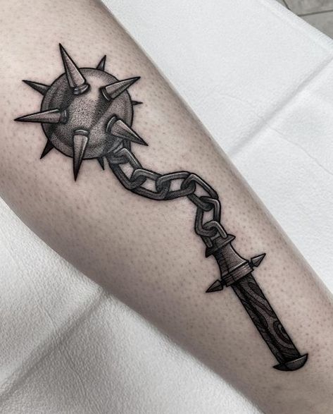 Chain Filler Tattoo, Mace Chain Tattoo, Mace Tattoo Blackwork, Mace And Chain Tattoo Design, Heart Mace Tattoo, Traditional Mace Tattoo Design, Chain Mace Tattoo, Traditional Flail Tattoo, Flail Tattoo Blackwork