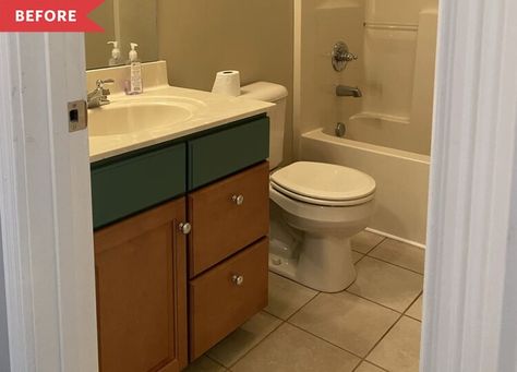 Before and After: An $800 Redo Takes This Windowless Bathroom from Dim to Dazzling — Cubby Bathroom With Beige Tile Floor, Bathroom With Beige Tile, Beige Tile Bathroom, Tub And Tile Paint, Beige Floor Tile, Windowless Bathroom, Gray And White Bathroom, Shower Inserts, Painted Vanity