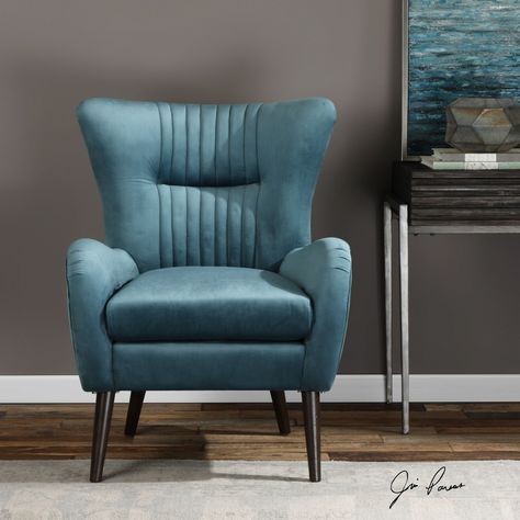 Blue Velvet Accent Chair, Wingback Accent Chair, Mid Century Accent Chair, Velvet Accent Chair, Eames Chairs, Floor Protectors, Furniture Hacks, Wing Chair, Modern Chairs