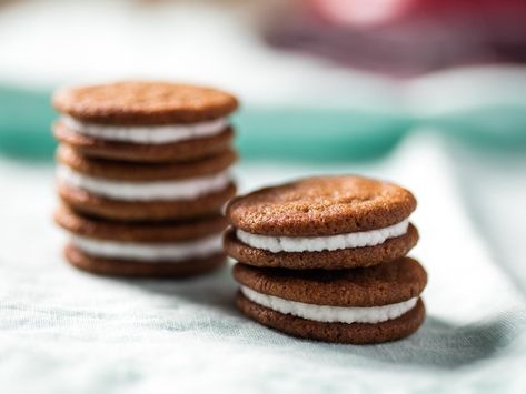 With a bright and tangy lemon creme filling, these spicy gingersnaps are a refreshing change of pace. Thanks to a mix of cinnamon, ginger, molasses, and lemon zest, they're fragrant and absolutely wonderful with tea. Ginger Sandwich, Jus Lemon, Oatmeal Creme Pie, Cookie Sandwich Recipes, Fresh Squeezed Juice, Tea Biscuits, Cookie Spread, Lemon Ginger, Crunchy Cookies