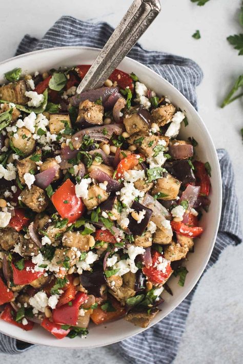 This unique roasted Mediterranean eggplant salad is full of caramelized veggie flavor, tossed with tangy fresh lemon, herbs and feta. It’s full of healthy ingredients and can be eaten warm or chilled making it perfect as a dip, side dish, salad, or main course served over pasta or rice. Plus, it's easily made vegan or dairy free just by leaving out the feta. via @Feasting Not Fasting Eggplant Pasta Salad, Mediterranean Eggplant, Roasted Eggplant Salad, Eggplant Pasta, Greek Quinoa Salad, Eggplant Salad, Greek Pasta, Mediterranean Salad, Easy Veggie