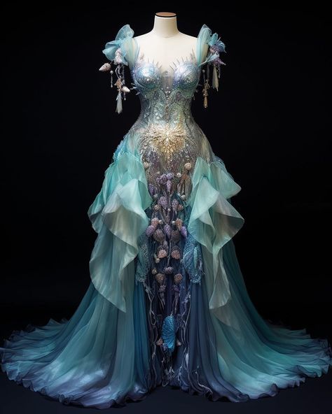 🫧Wearing beautiful, ocean-inspired dresses like a mermaid would be a lot of fun. It's a shame they weren't used in the movie. Creating… | Instagram Mermaid Fashion Dress, Ocean Inspired Costume, Water Themed Wedding Dress, Under The Sea Gown, 90s Fashion Design, Mermaid Inspired Dresses, Water Wedding Dress, Ocean Ball Gown, Mermaid Inspired Outfits Aesthetic