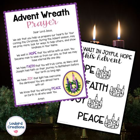 Free Advent Prayer for Catholic Kids - Loubird Creations Prayers For Advent Wreath, Advent Prayers Catholic, Catholic Advent Wreath, Advent Wreath Prayers, Advent Prayers, Journey To Bethlehem, School Display, Candle Reading, School Displays