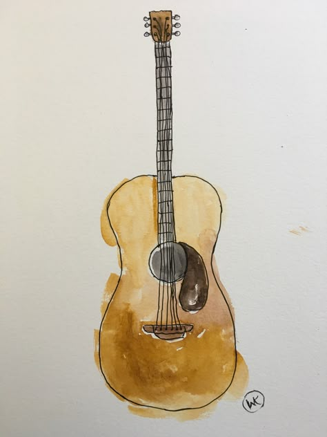 Guitar in watercolor. Painted Guitars Ideas Easy, Ukulele Watercolor, Watercolour Guitar, Watercolor Instruments, Guitar Watercolor Painting, Music Watercolor Painting, Watercolor Guitar, Guitar Watercolor, Watercolor Board