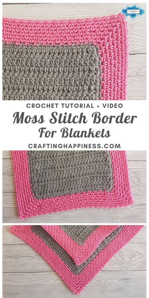 Crochet Moss Stitch Border For Blankets tutorial with step by step photo tutorial and video for those who are visual learners. Great border for blankets. #crochetblankets #crochetafghans #crochetstitches #crochetpatterns #freecrochetpatterns #babyblanketpatterns #crochetbabyblankets #crochetblanketborders #crochetblanketedgings #crochetborder #craftinghappiness Moss Crochet Stitch, Crochet Borders For Blankets, Crochet Moss Stitch, Crochet Moss, Crochet Blanket Border, Crochet Blanket Edging, Blankets Crochet, Crochet Border Patterns, Fiber Crafts