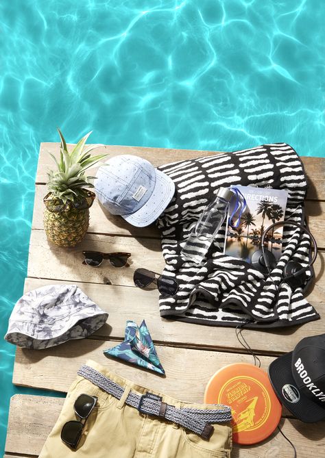 Jack & Jones Summer Accessories Newsletter spot Laydown Photography, Summer Flatlay, Fashion Still Life, Summer Escape, Fruit Photography, Flatlay Styling, Beauty Shoot, Photography Skills, Tropical Vibes